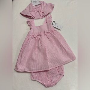 Infant Girl 12M 3-Pc Sperry Pink Striped Baby Set W/Dress Bloomers & Hat